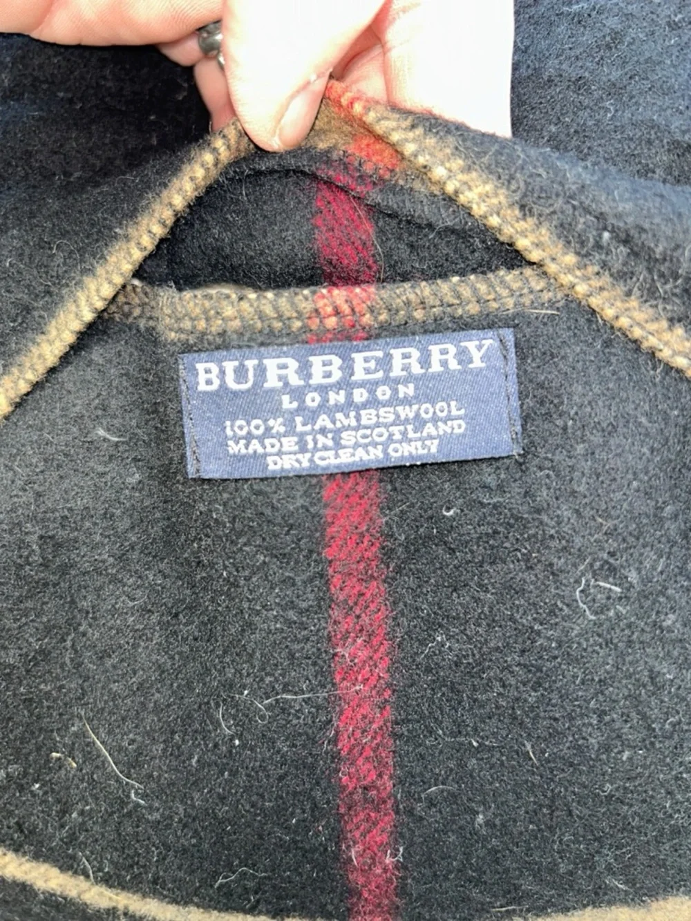 Burberry Black Lambswool plaid  pillow Red Stripe Tan Trim Scotland